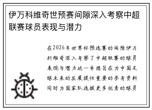 伊万科维奇世预赛间隙深入考察中超联赛球员表现与潜力