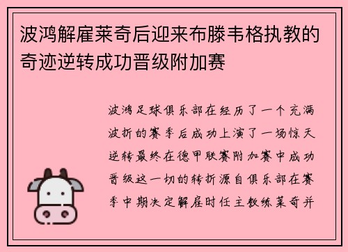 波鸿解雇莱奇后迎来布滕韦格执教的奇迹逆转成功晋级附加赛 波鸿解雇莱奇后迎来布滕韦格执教的奇迹逆转成功晋级附加赛